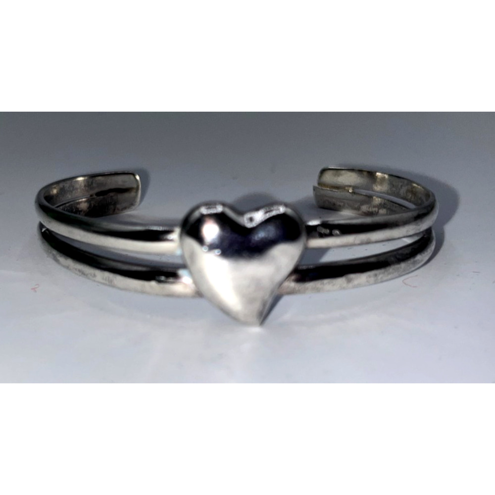 Vintage STERLING SILVER 925 Puffy Heart Love Gift Double Banded Cuff Bracelet - Picture 7 of 14